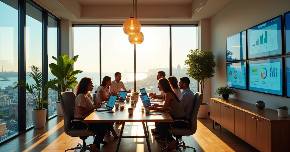 Profissionais de marketing em escritório moderno com vista para o Elevador Lacerda em Salvador 