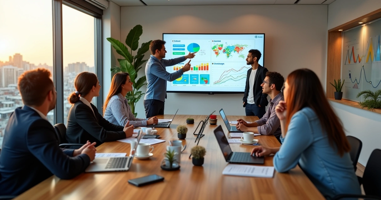 Mesa de reunião com equipe de marketing analisando gráficos de desempenho digital 