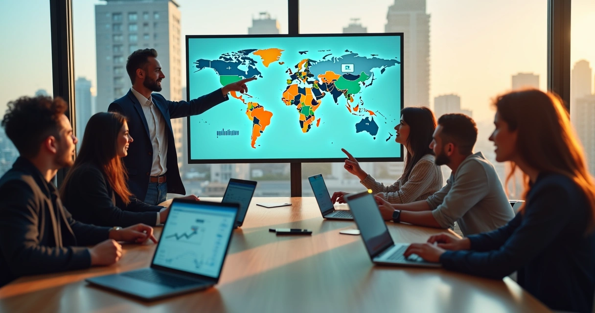 Reunião de marketing em escritório moderno com mapa de Duque de Caxias em destaque na tela 