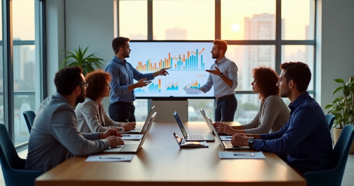 Equipe de marketing reunida em escritório moderno analisando gráficos digitais de desempenho 