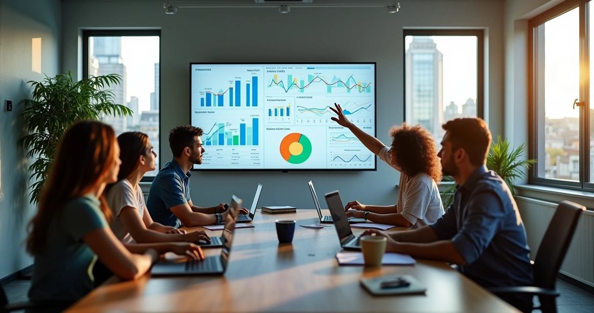 Equipe de marketing reunida em escritório moderno analisando gráficos de desempenho em tela grande 