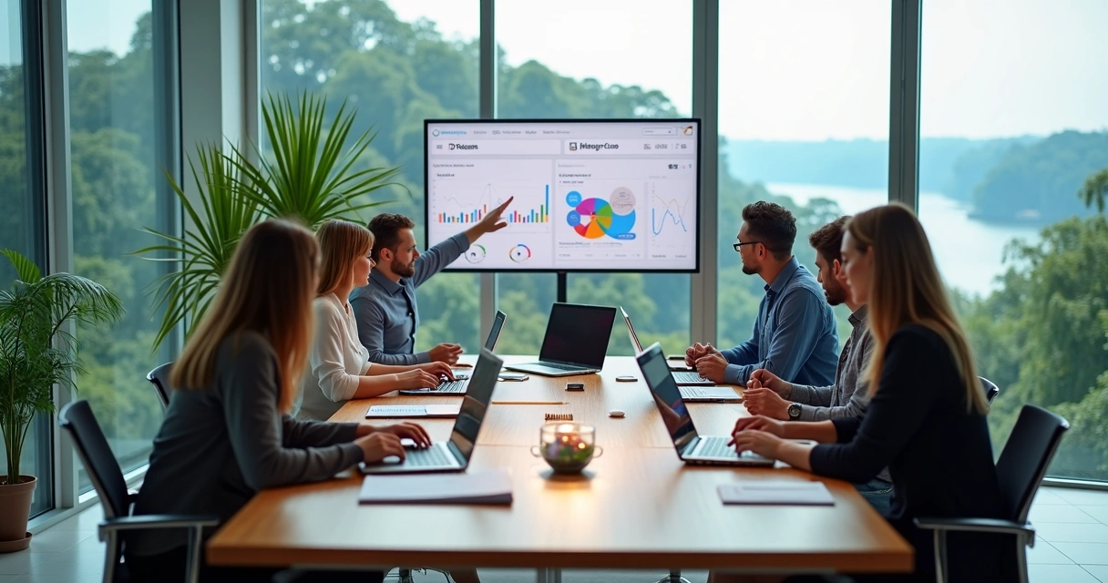 Reunião de equipe de marketing com vista panorâmica de Foz do Iguaçu ao fundo 
