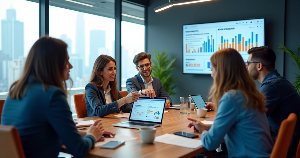 Equipe de marketing em reunião estratégica em escritório moderno 