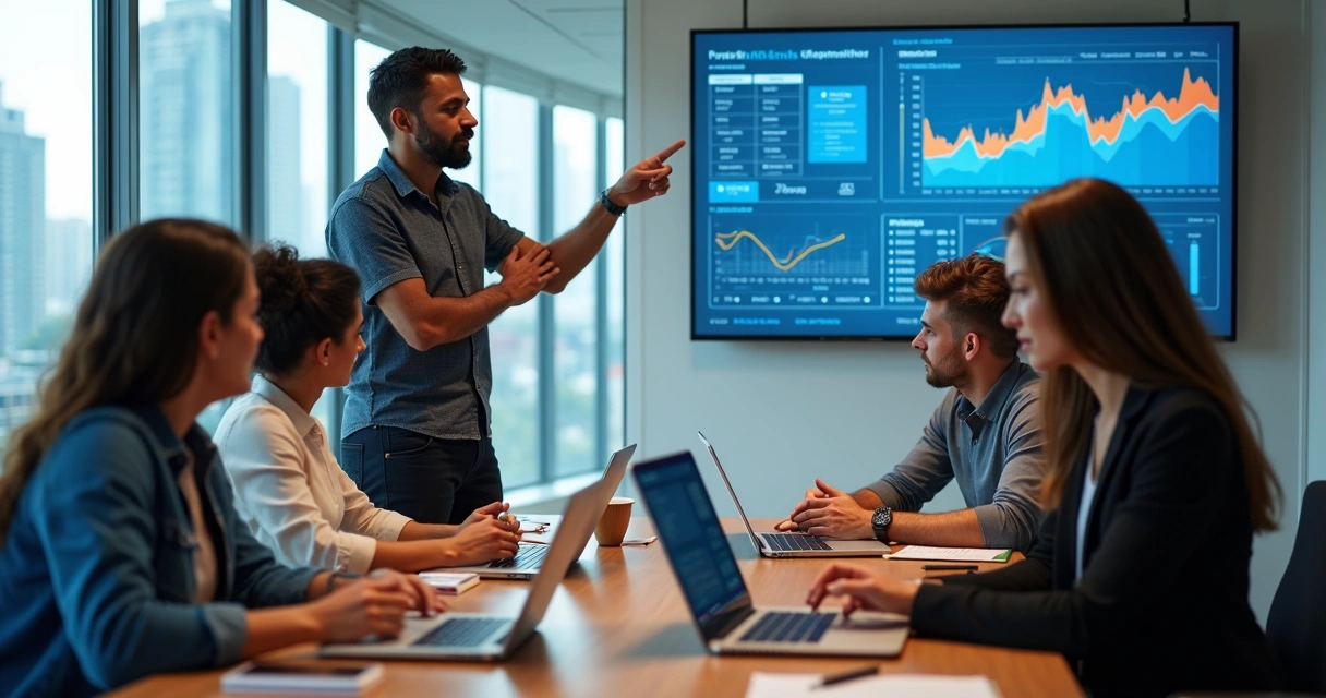 Equipe de marketing em reunião estratégica em escritório moderno 