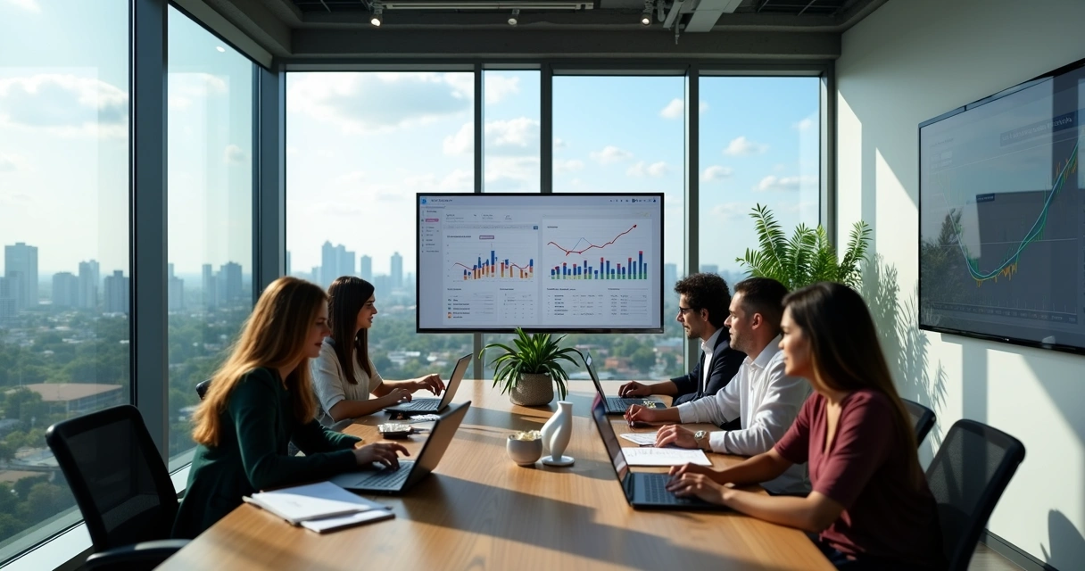 Equipe de marketing em reunião estratégica com vista aérea de Goiânia ao fundo 