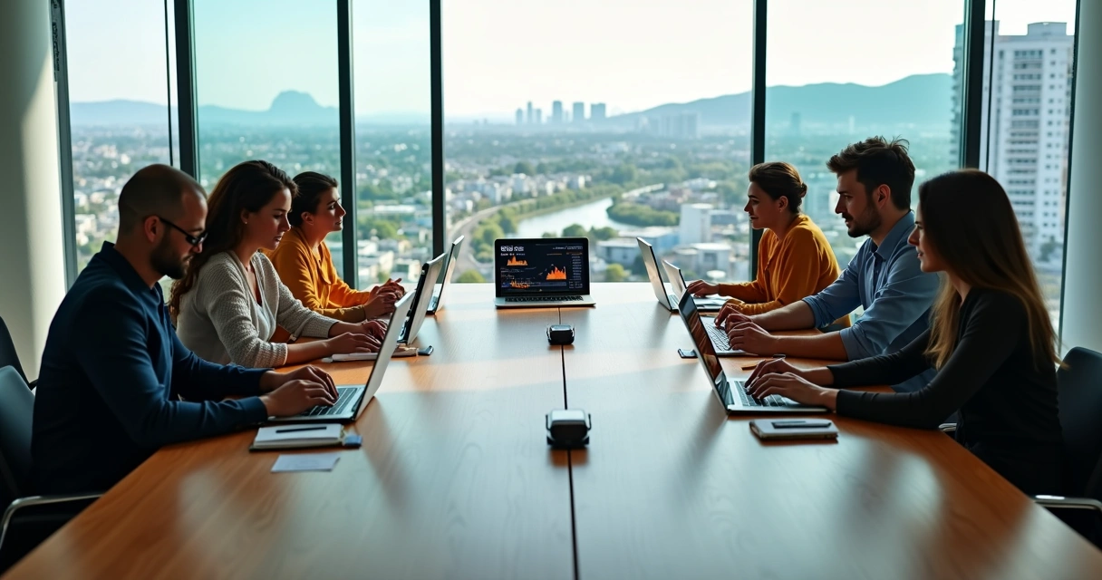 Reunião de marketing em escritório moderno com vista aérea de cidade média 