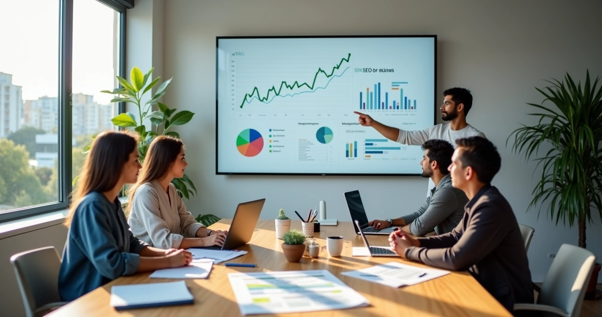 Equipe de marketing em reunião estratégica em escritório moderno 