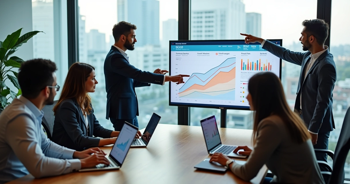 Equipe de marketing reunida em escritório moderno em Guarulhos analisando gráficos digitais 