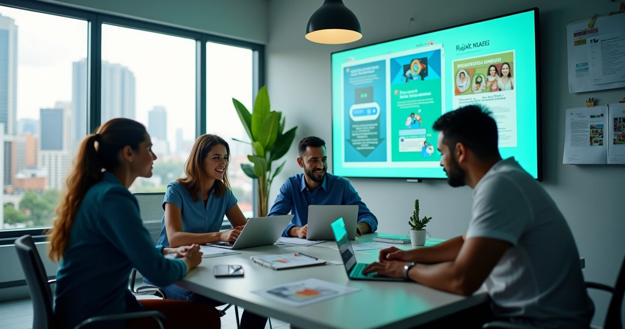 Equipe de marketing reunida com computadores e quadros de planejamento 
