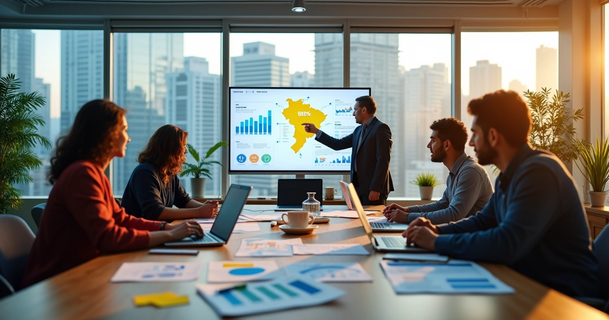 Equipe de marketing em reunião estratégica em escritório moderno 