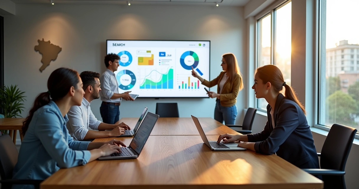 Equipe de marketing reunida em escritório moderno analisando gráficos digitais 