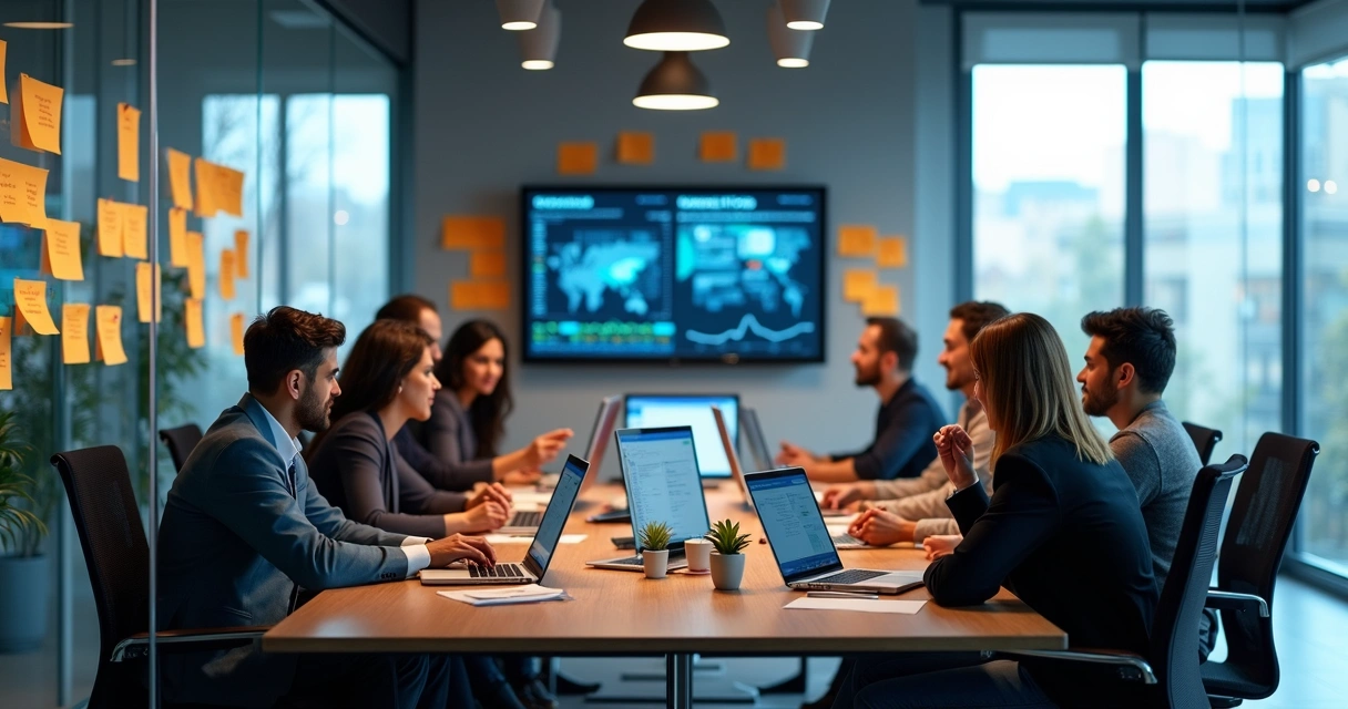 Equipe de profissionais de marketing reunida em sala de reunião com computadores 