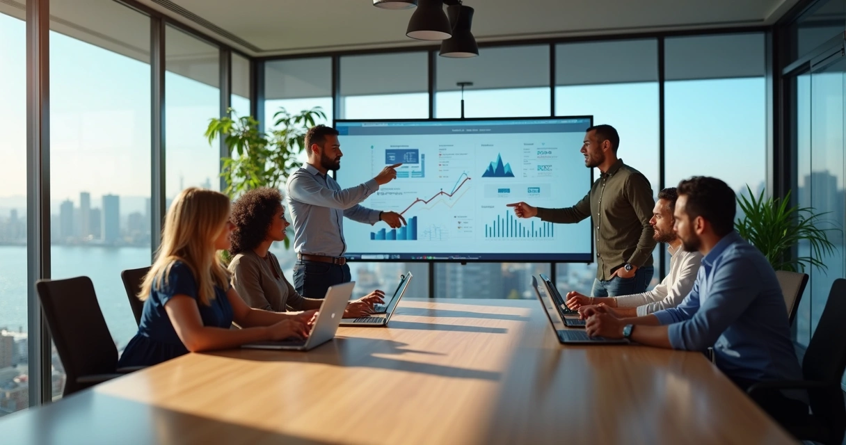 Equipe de marketing em reunião estratégica em escritório moderno em Itajaí 