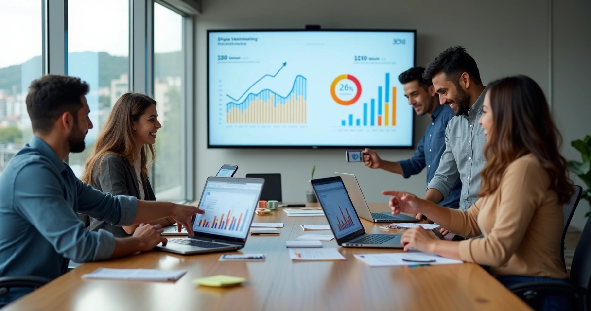 Equipe de marketing reunida em mesa com notebook analisando gráficos de desempenho digital 