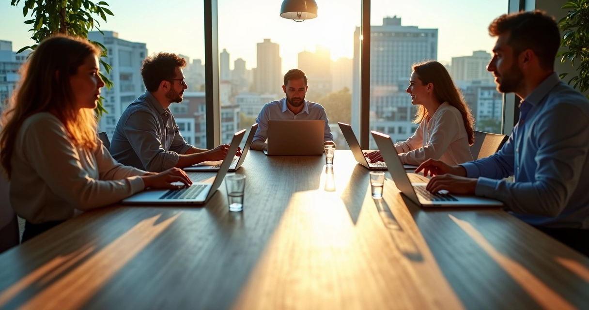 Equipe de marketing reunida em escritório planejando estratégias digitais 