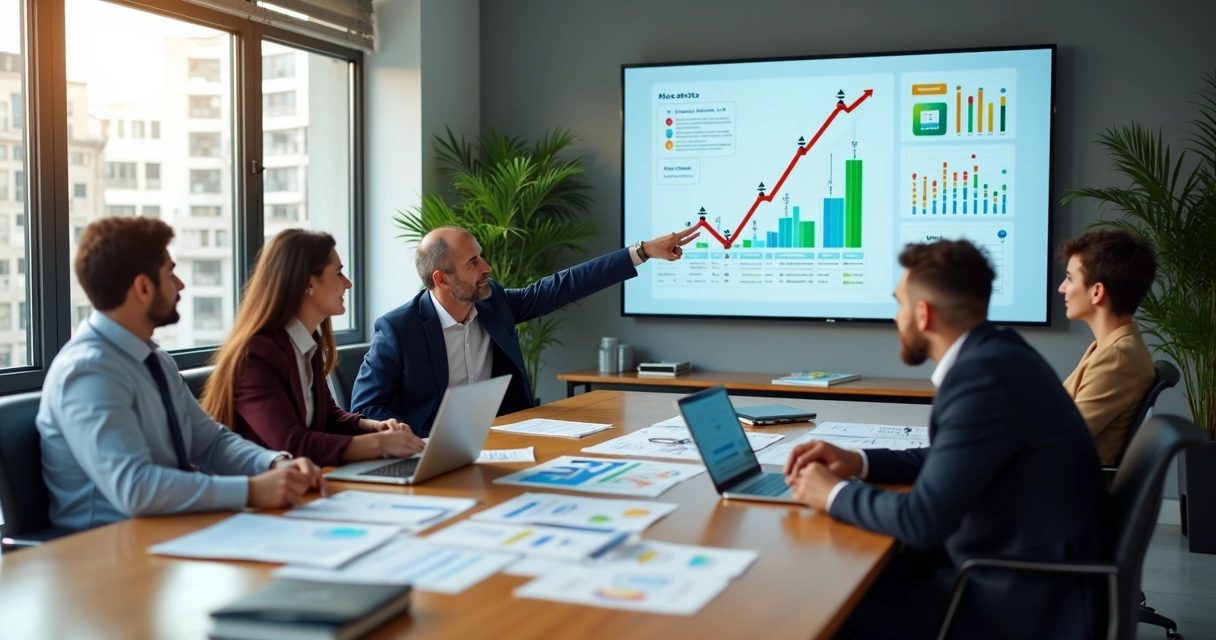 Equipe de marketing reunida em mesa de reunião moderna analisando gráficos de campanha digital 