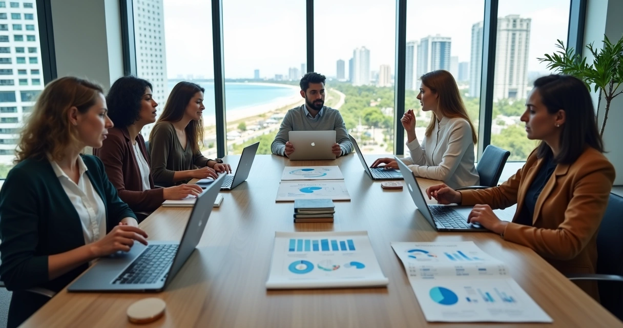 Profissionais de marketing reunidos em mesa com vista aérea de Jaboatão dos Guararapes ao fundo 