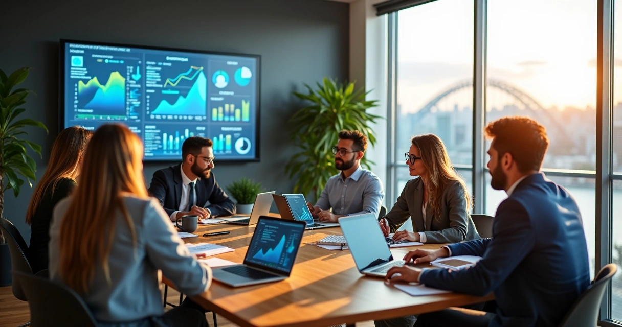 Equipe de marketing reunida em escritório moderno com vista para Juazeiro na beira do rio São Francisco 