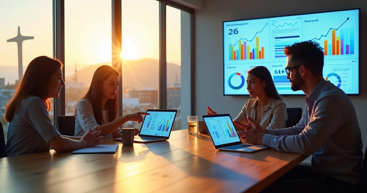 Equipe de marketing reunida em mesa de trabalho com vista para cidade de Juazeiro do Norte ao fundo 
