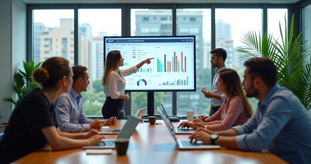 Equipe de marketing em reunião estratégica em escritório moderno 