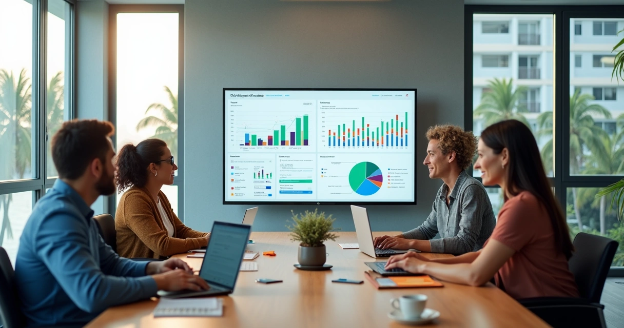 Mesa de reunião com equipe de marketing analisando gráficos digitais 