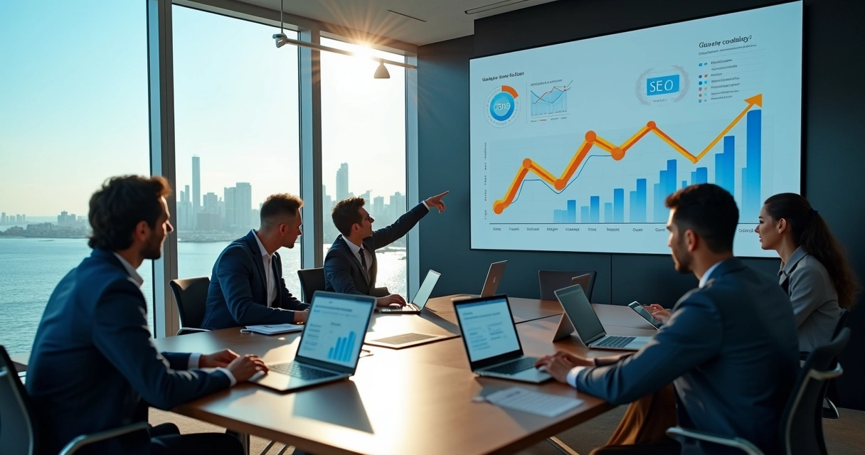 Equipe de marketing reunida em mesa com vista para cidade litorânea 