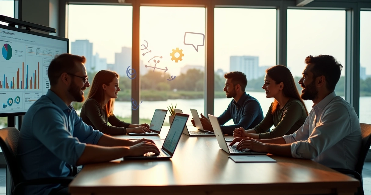 Profissionais de marketing em mesa de reunião com vista para Macapá ao fundo 
