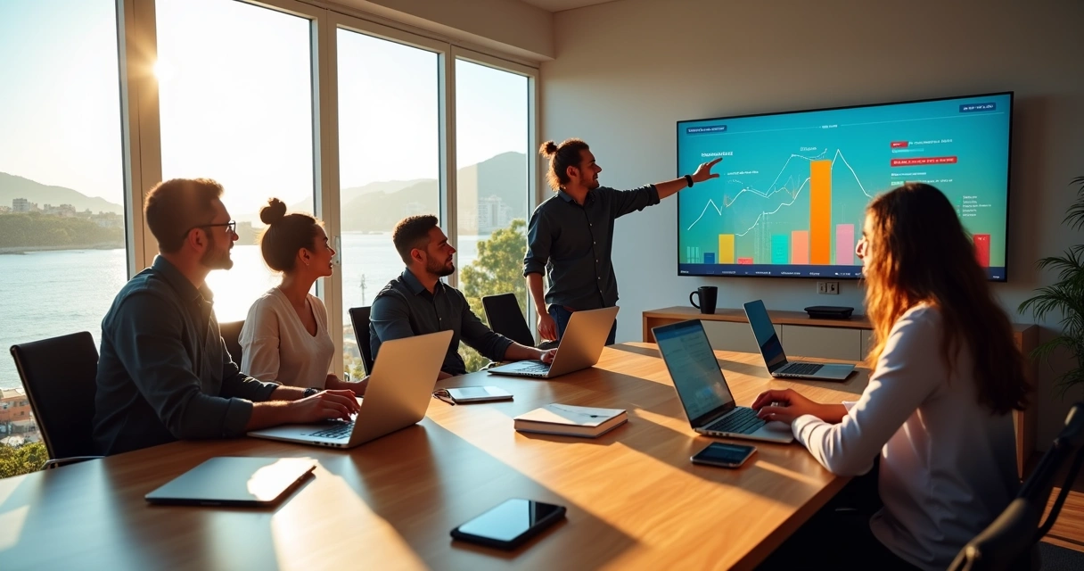 Equipe de marketing em reunião estratégica com vista para litoral de Maricá 