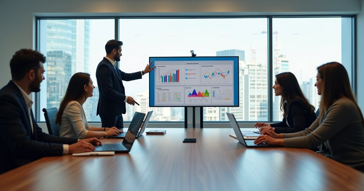 Mesa de reunião com equipe de marketing analisando gráficos digitais 