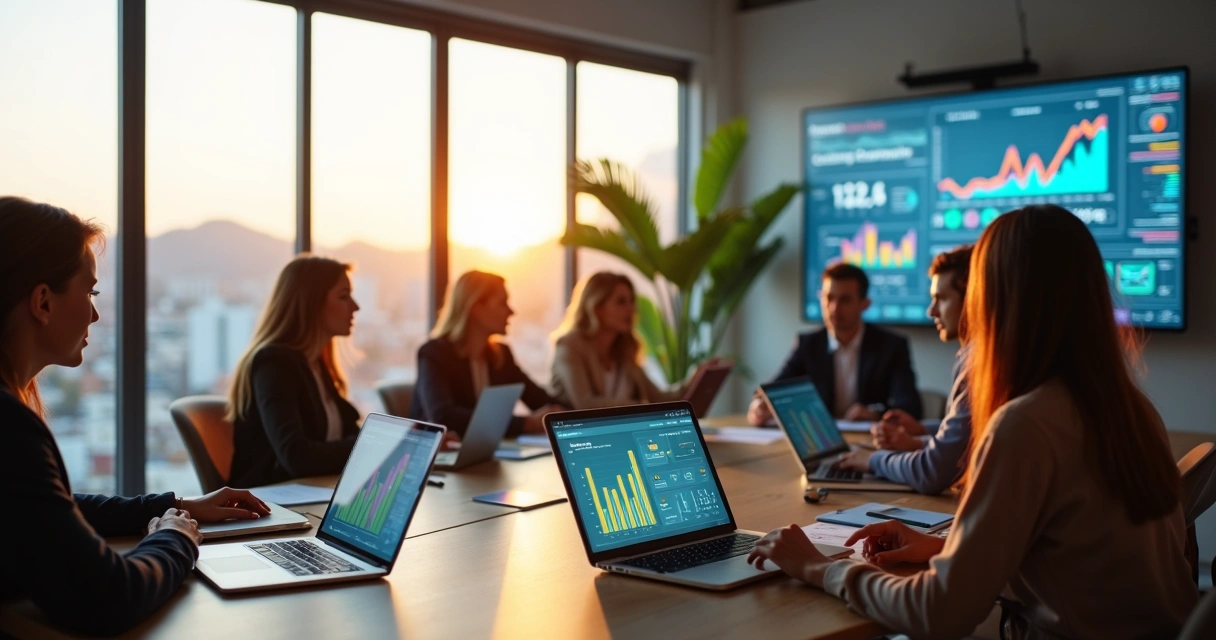 Equipe de marketing reunida em escritório moderno analisando gráficos digitais 