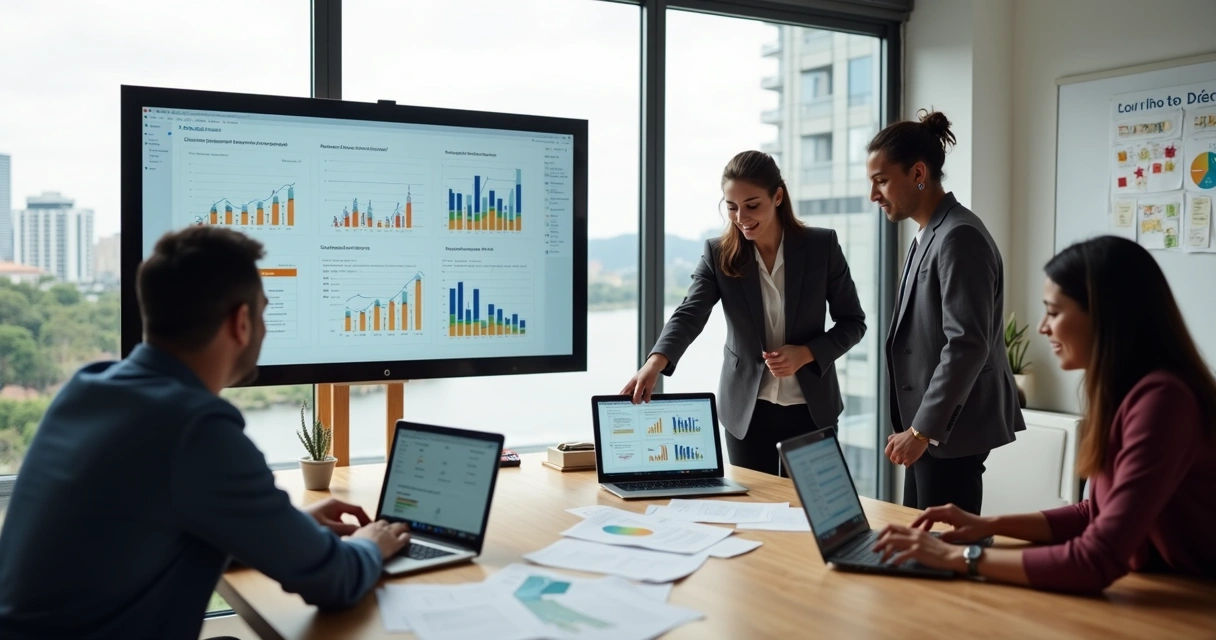 Profissionais de marketing em reunião com vista para Niterói ao fundo 