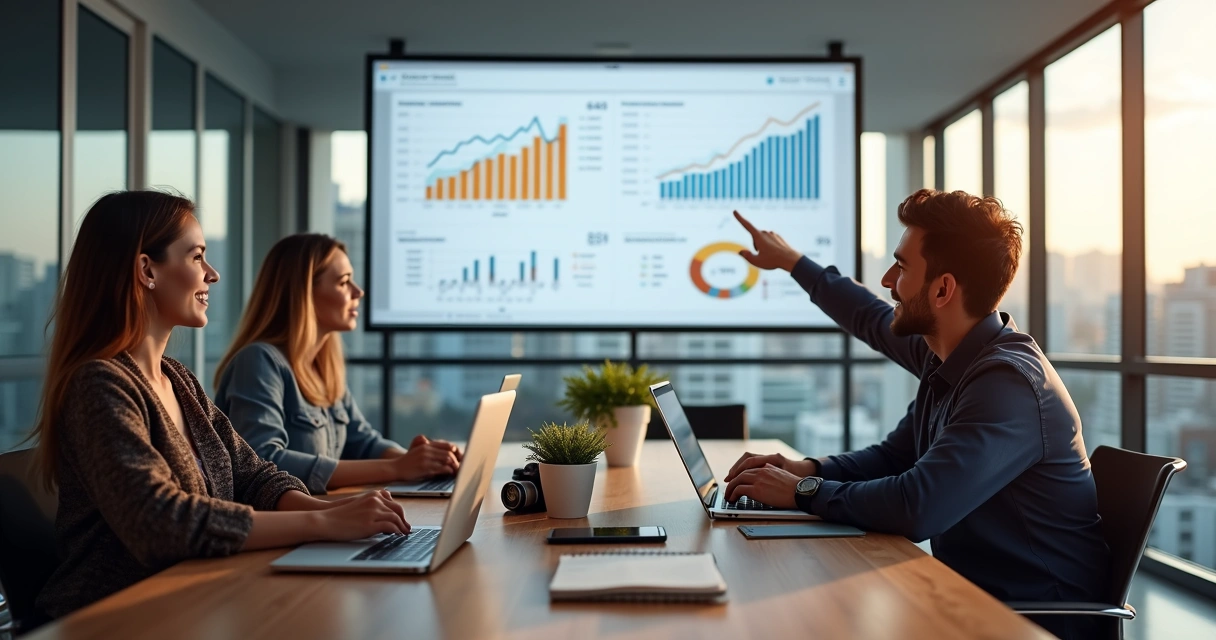 Equipe de marketing analisando gráficos em escritório moderno 