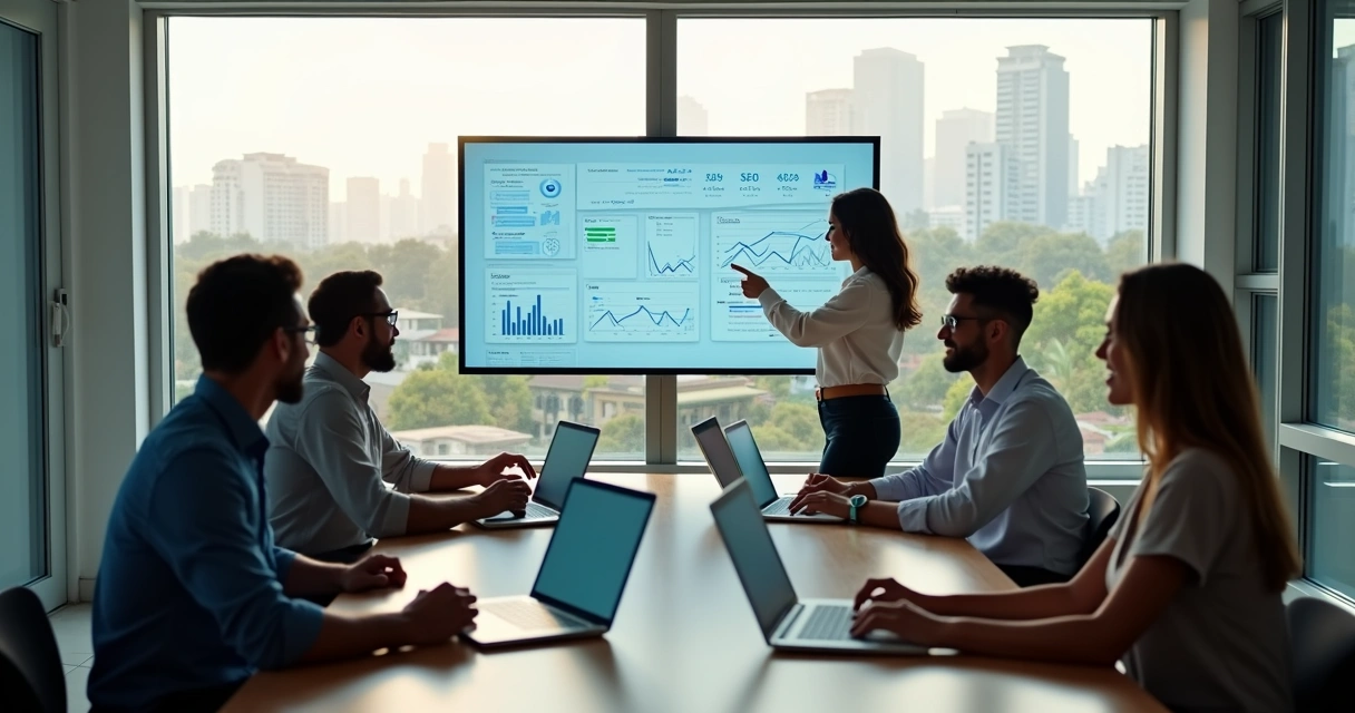 Equipe de marketing em reunião estratégica em escritório moderno em Novo Hamburgo 