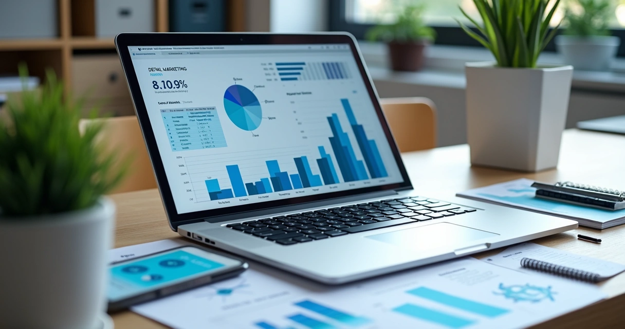 Mesa de escritório com laptop aberto mostrando gráficos de marketing digital, sobre a mesa amostras de identidade visual de agências de marketing odontológico e cadernos com anotações, ambiente modern
