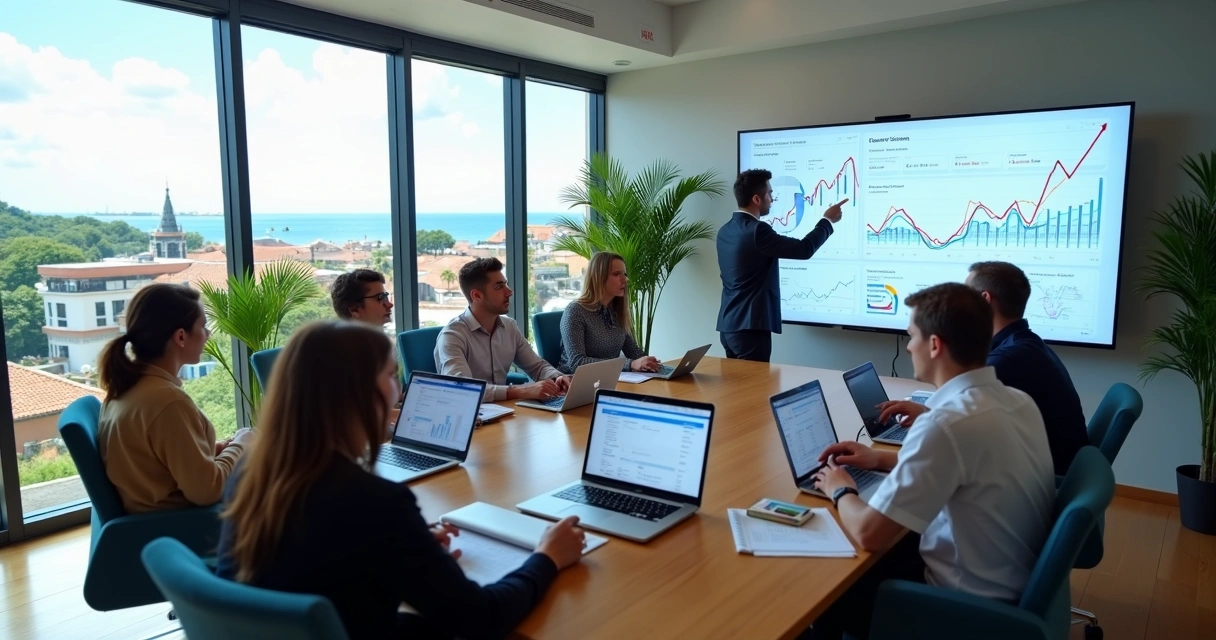 Equipe de marketing reunida em agência moderna com vista para Olinda em segundo plano 
