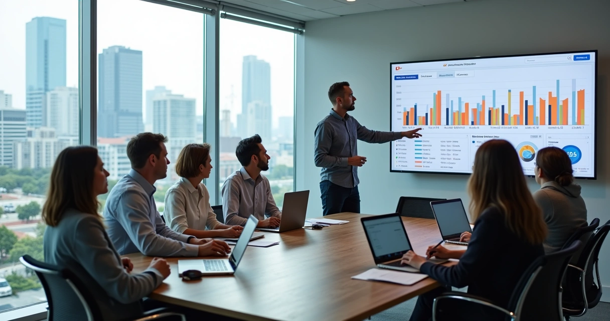 Equipe de marketing reunida em escritório moderno com vista para Osasco 