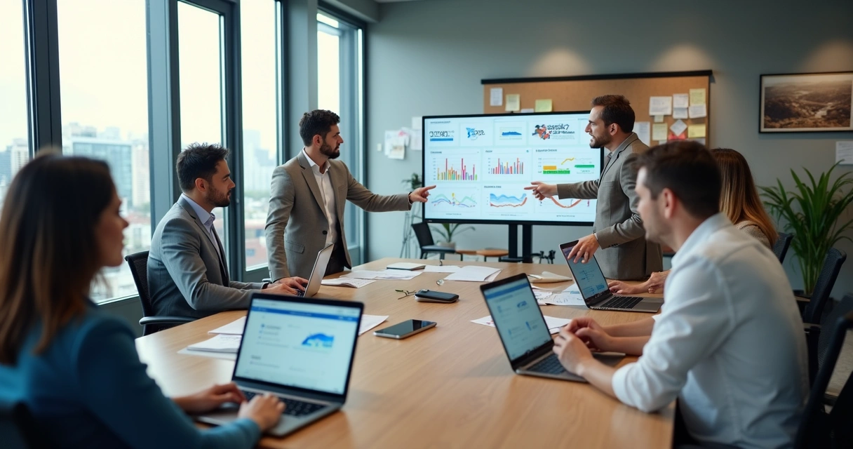 Equipe de marketing em reunião estratégica com foco em crescimento digital 