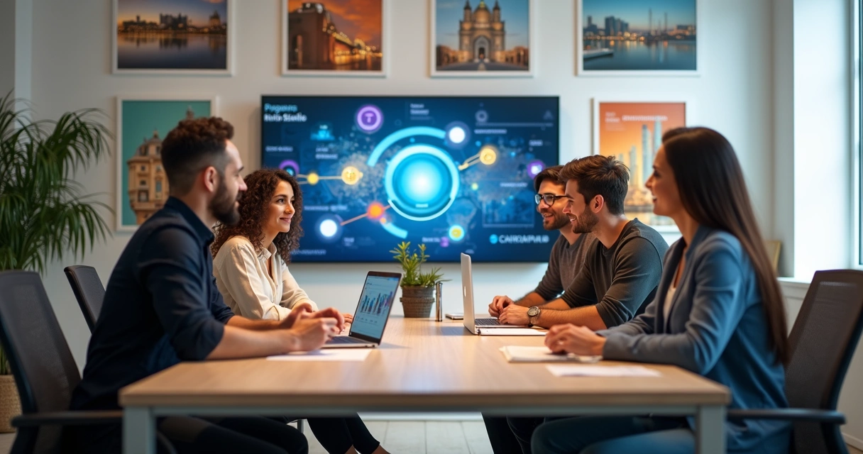 Equipe de marketing reunida em uma sala de reunião moderna 