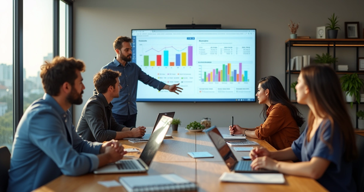 Reunião de marketing em escritório moderno com vista para cidade de Passo Fundo 
