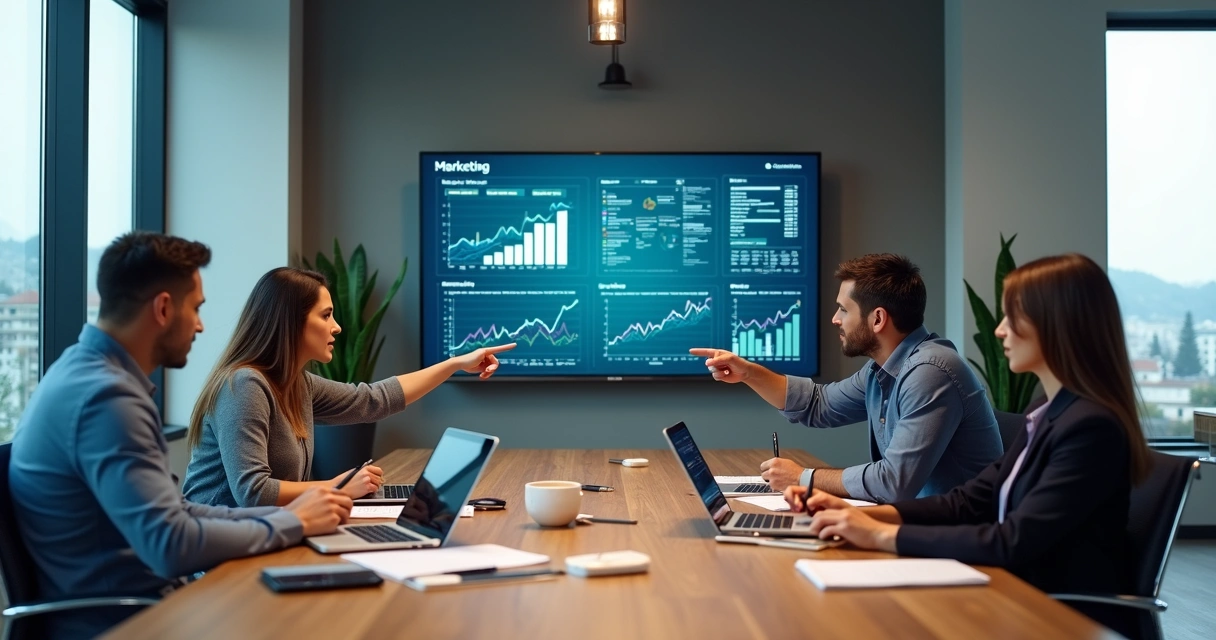 Equipe de marketing em reunião estratégica em escritório moderno 