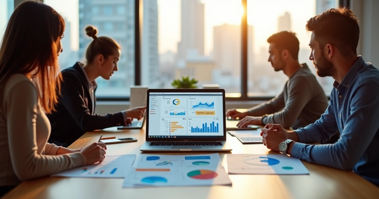 Reunião de equipe de marketing analisando gráficos em um notebook 