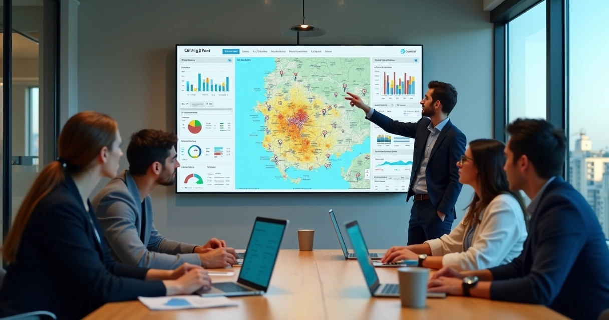 Equipe de marketing analisando gráficos em escritório moderno com mapa de Ponta Grossa em destaque em tela 