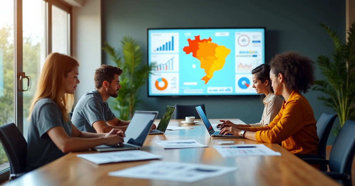 Equipe de marketing em reunião estratégica em escritório moderno com mapa de Porto Velho em destaque ao fundo 