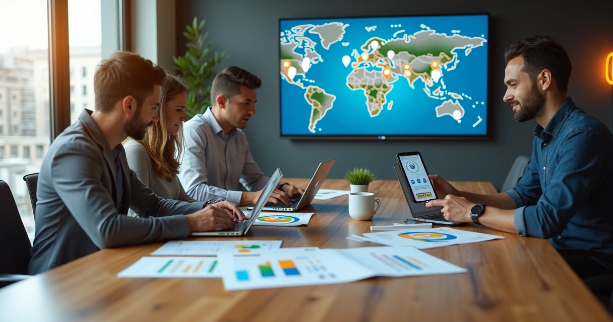 Equipe de marketing em reunião estratégica em escritório moderno com mapa de Presidente Prudente em destaque na tela 