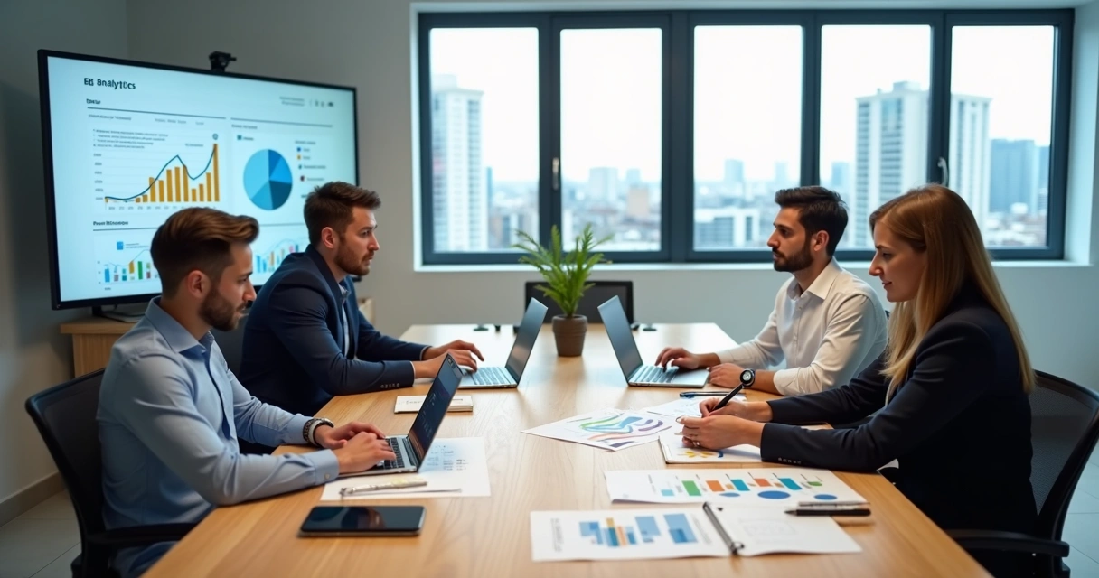 Mesa de reunião com equipe de marketing analisando gráficos em notebook e painel digital 
