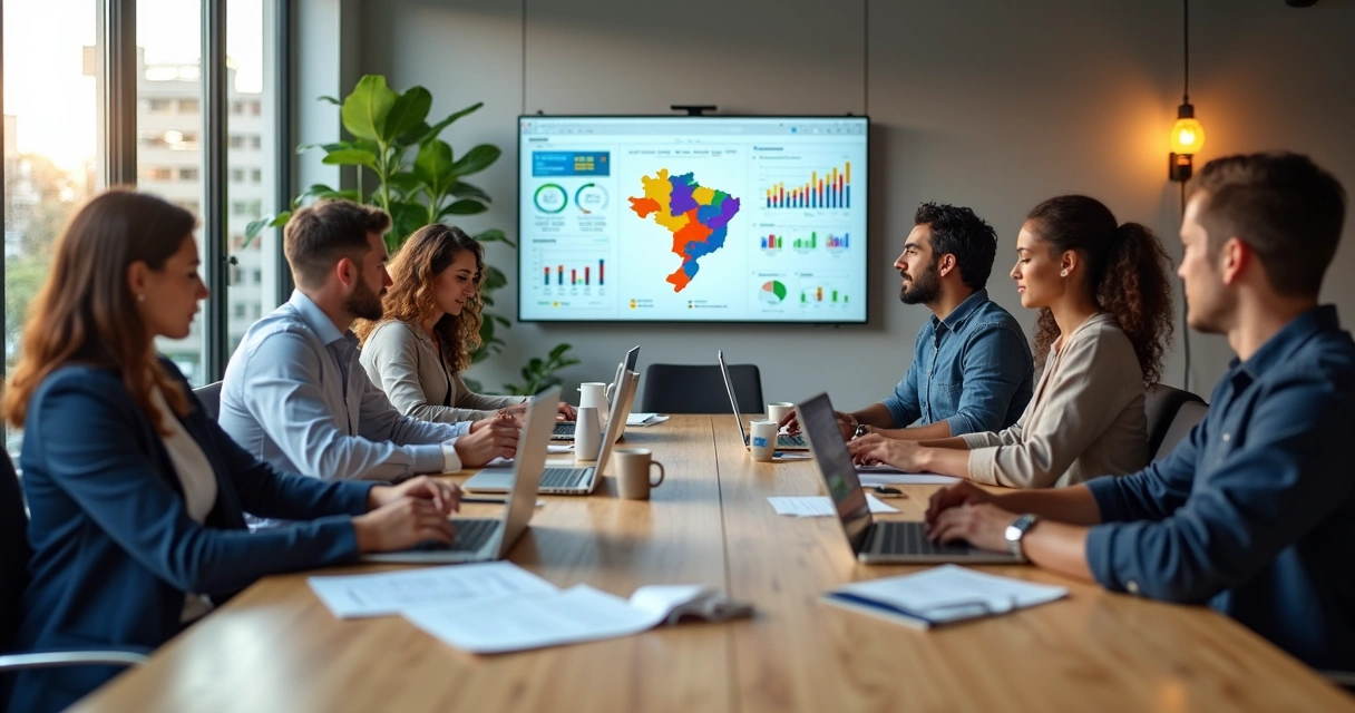 Equipe de marketing em reunião estratégica em escritório moderno 