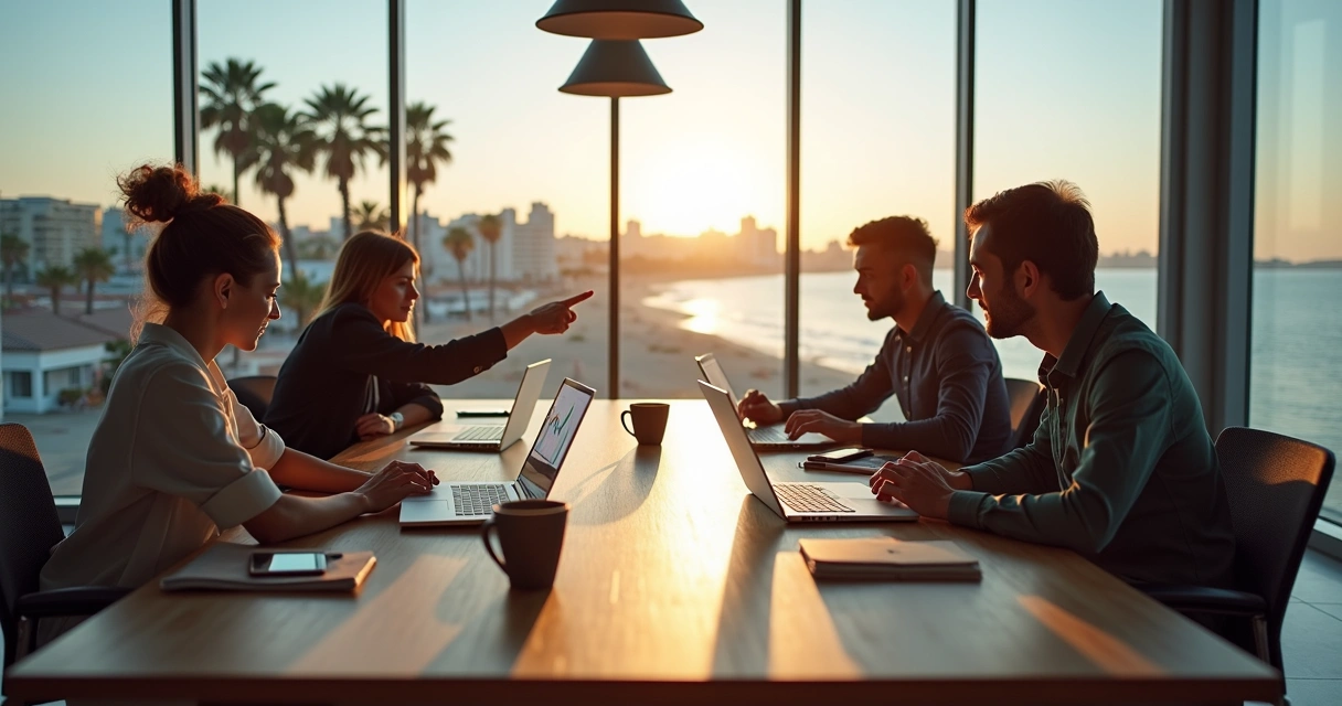 Equipe de marketing reunida em mesa com notebook mostrando gráfico em alta e praia de Rio das Ostras ao fundo 