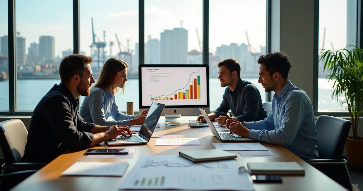 Equipe de marketing em reunião estratégica em escritório moderno com vista para cidade litorânea 