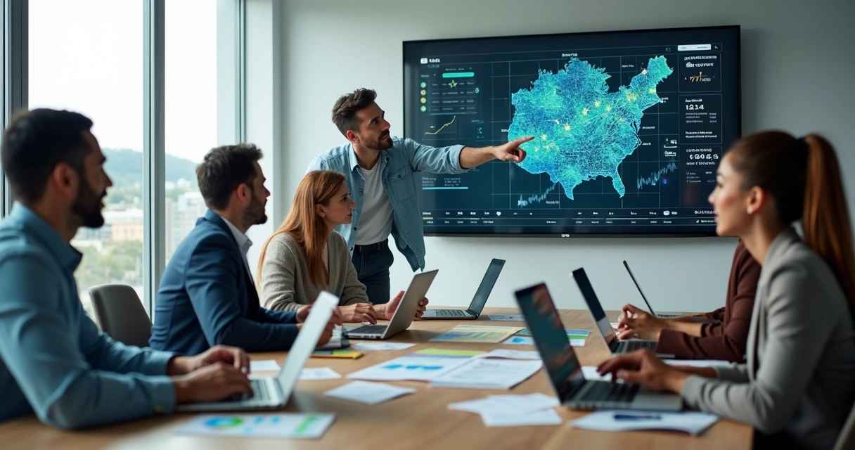 Equipe de marketing em reunião estratégica em escritório moderno com mapa de Santa Luzia em tela 