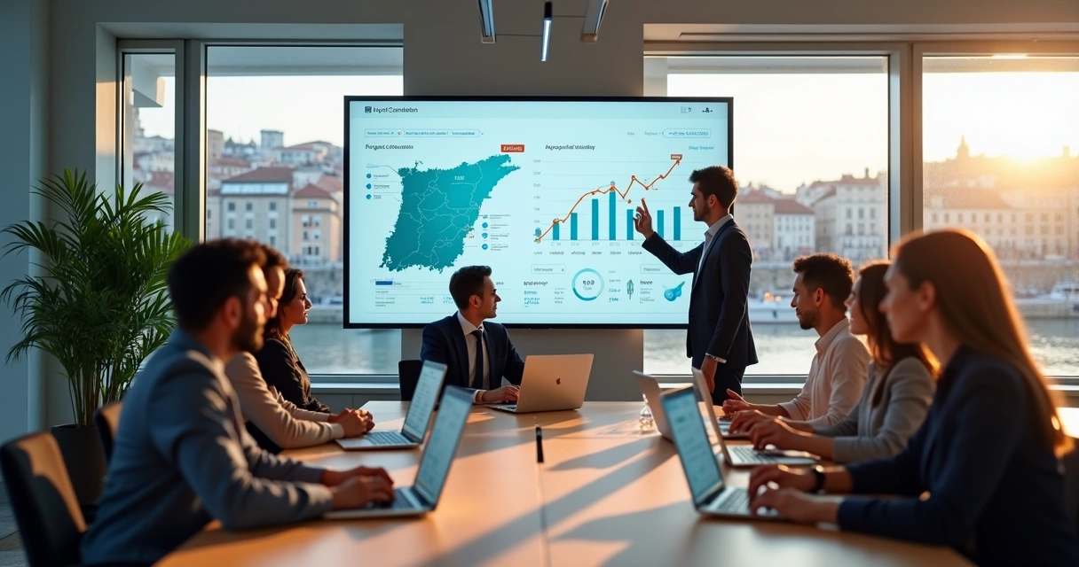 Equipe de marketing reunida em escritório moderno analisando gráficos digitais 